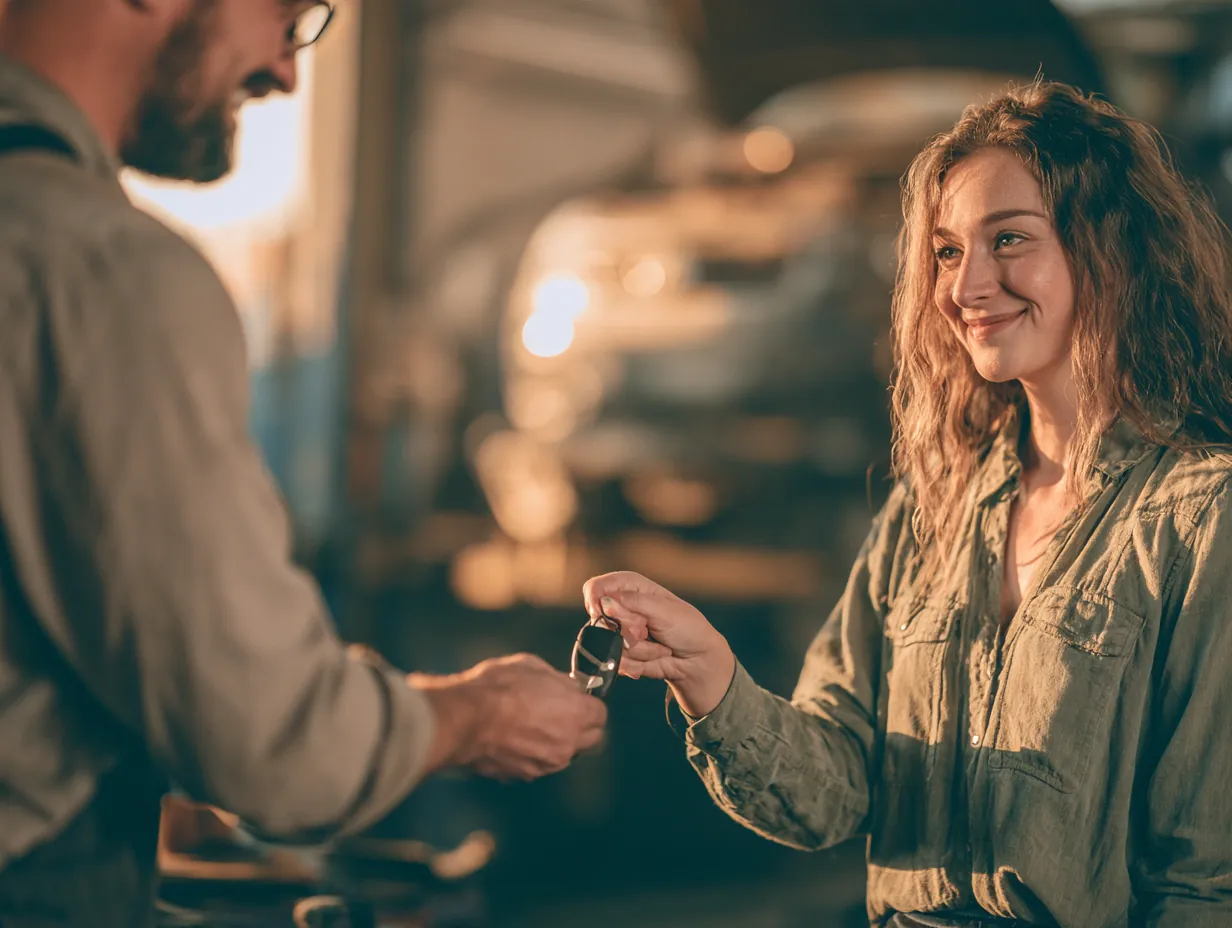 Mechanic handing car keys to a driver after a repair paid with a $1,000 loan
