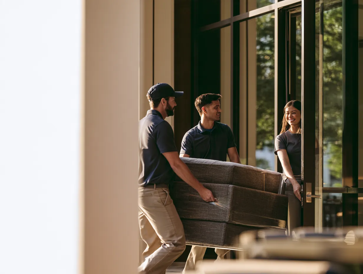 Movers carrying a sofa into an apartment building on a moving day paid with a $1,500 loan