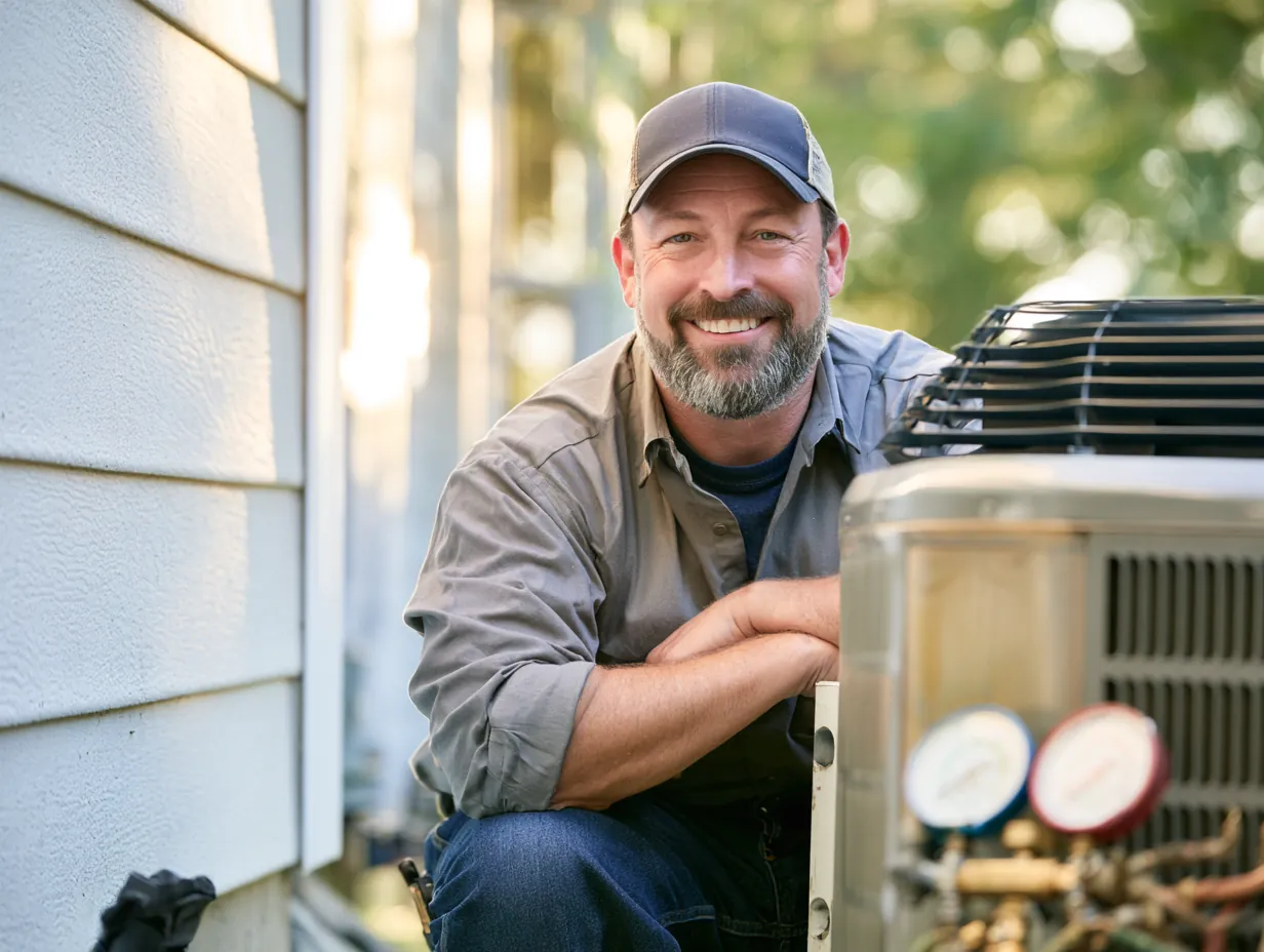 HVAC technician servicing an outdoor air conditioner, a typical $2,000 loan repair