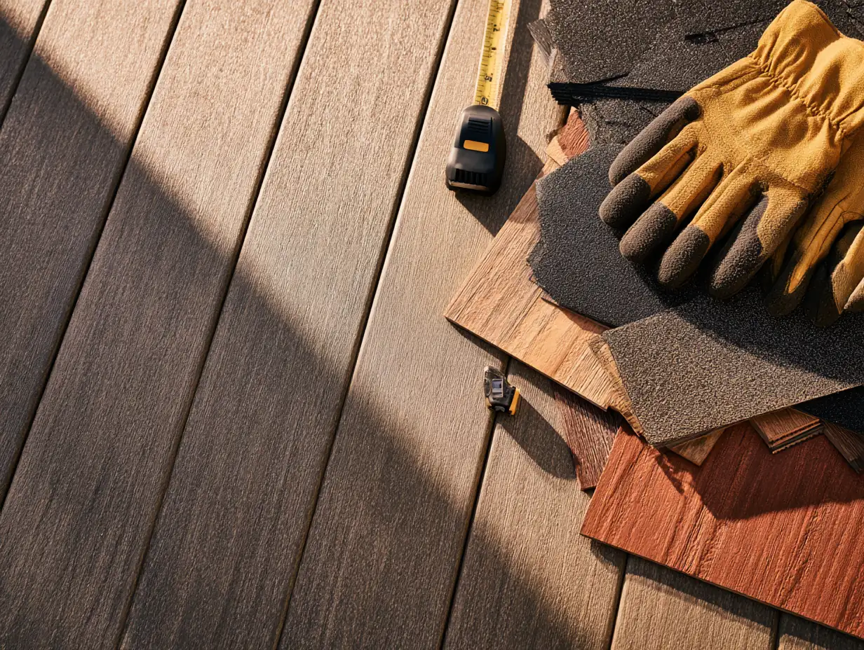 Roof shingle samples, tape measure and work gloves for a repair funded by a $4,000 loan