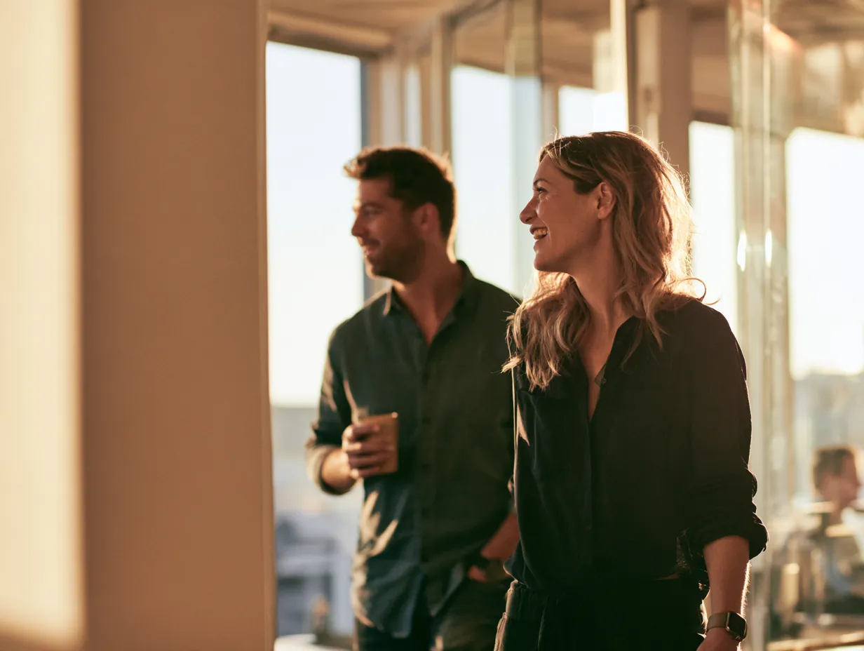Two colleagues talking in a bright co-working space