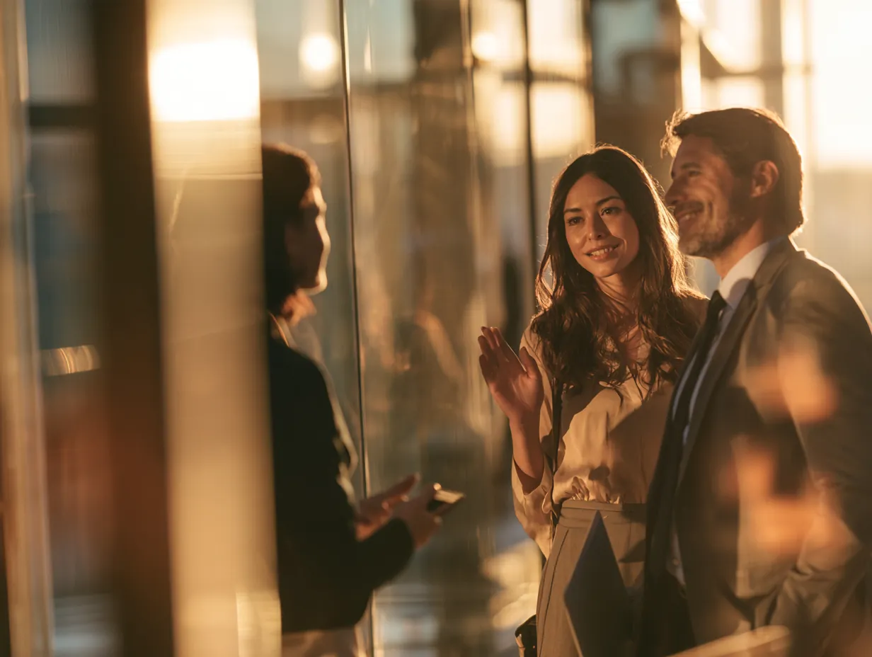 Two professionals greeting each other in a glass office lobby