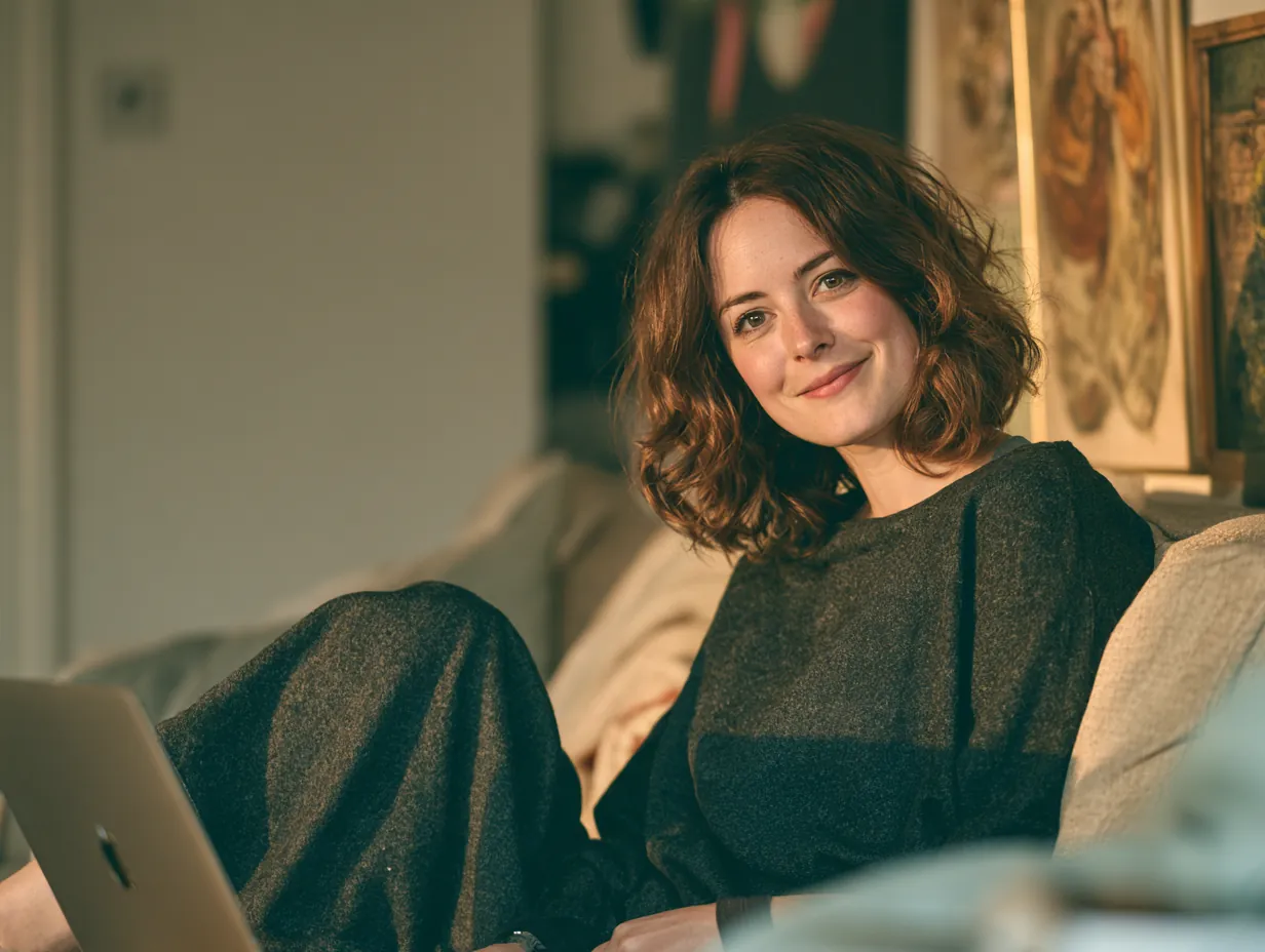 Woman on her sofa with a laptop, starting a request for stride loans
