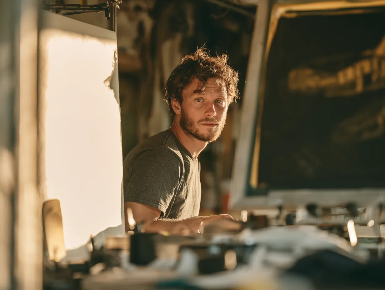 Man screen-printing T-shirts in his garage studio