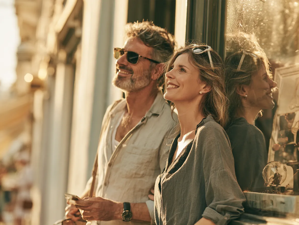 Couple comparing shop windows on an outdoor shopping street while comparing stride loans lenders