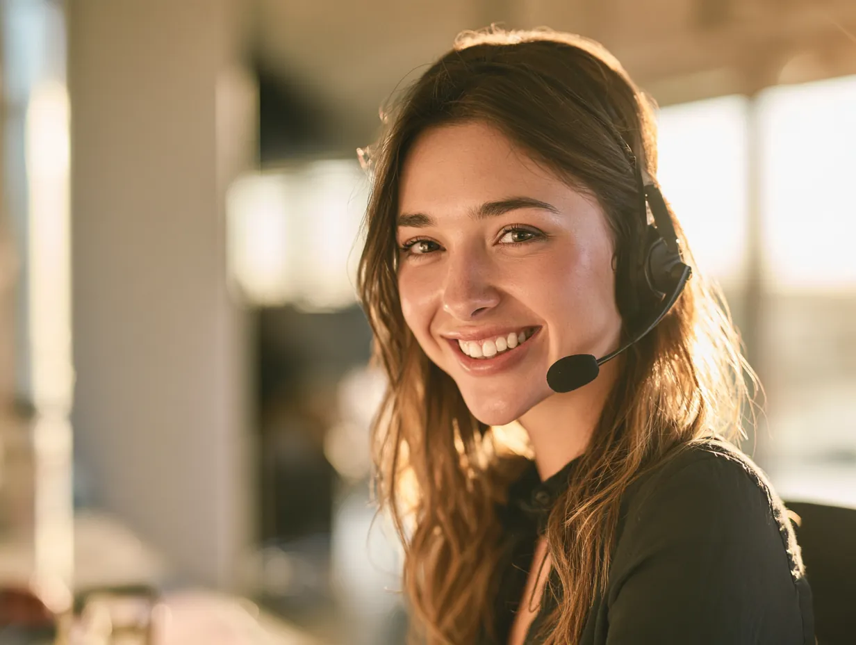 Support specialist wearing a headset in a bright office