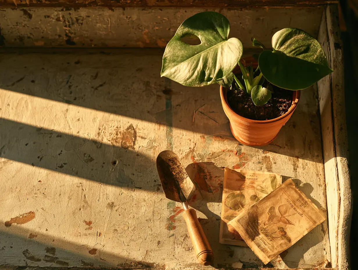 Young monstera plant and seed packets on a potting bench, a picture of building credit for stride loans