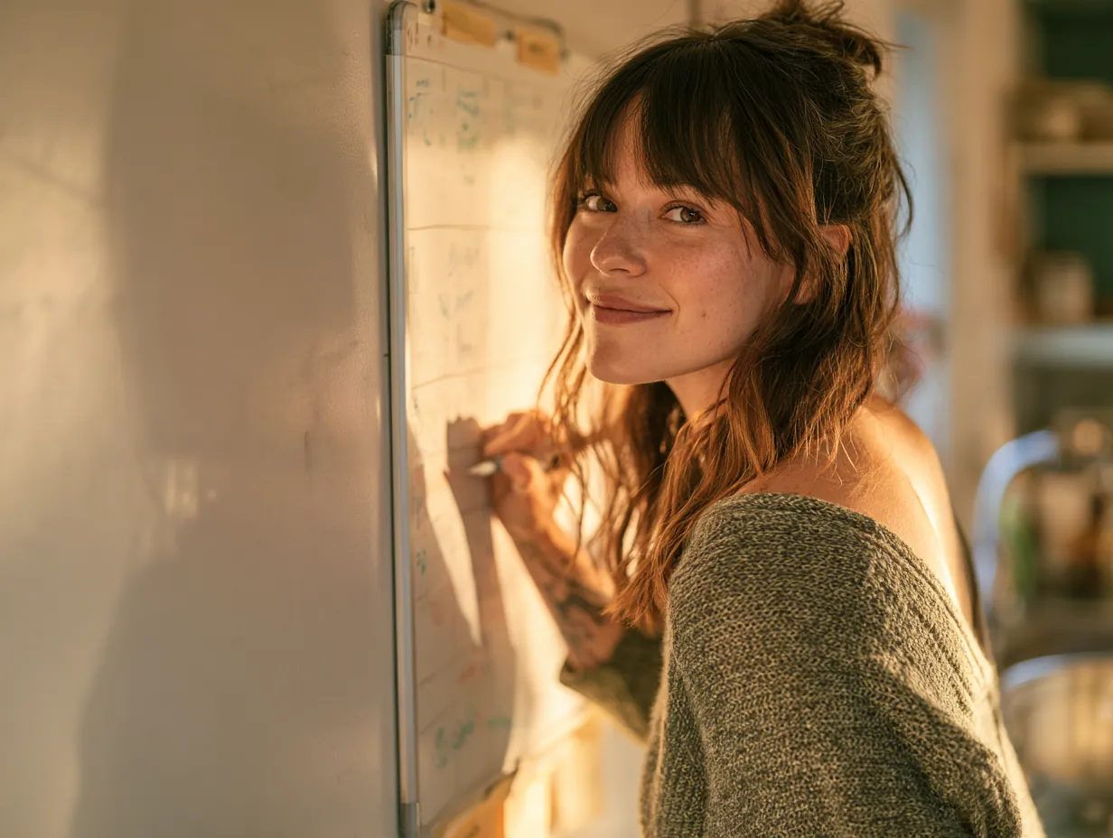 Woman writing a payoff plan on a kitchen whiteboard calendar while comparing stride loans with a balance transfer