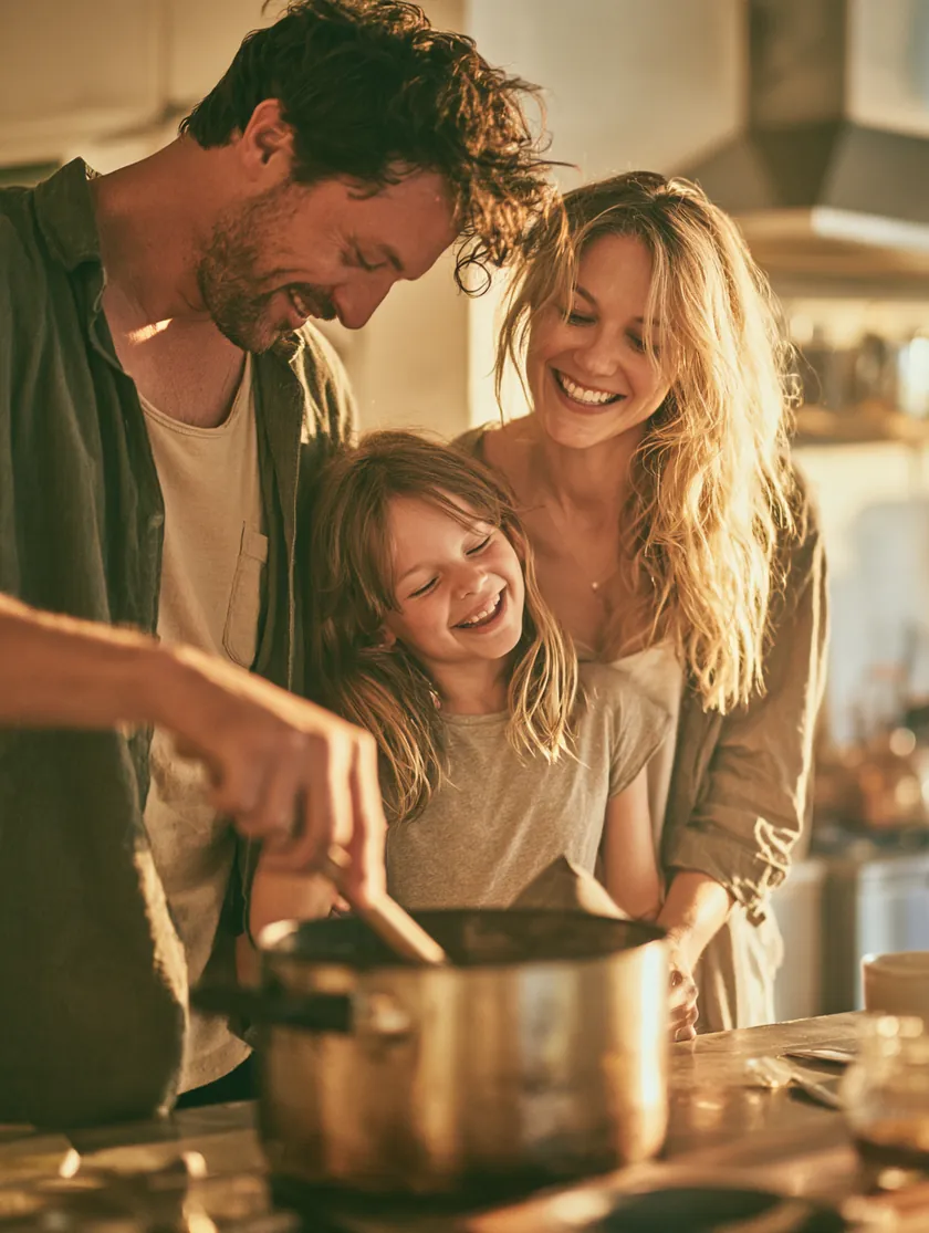 Family cooking dinner together in a modern kitchen