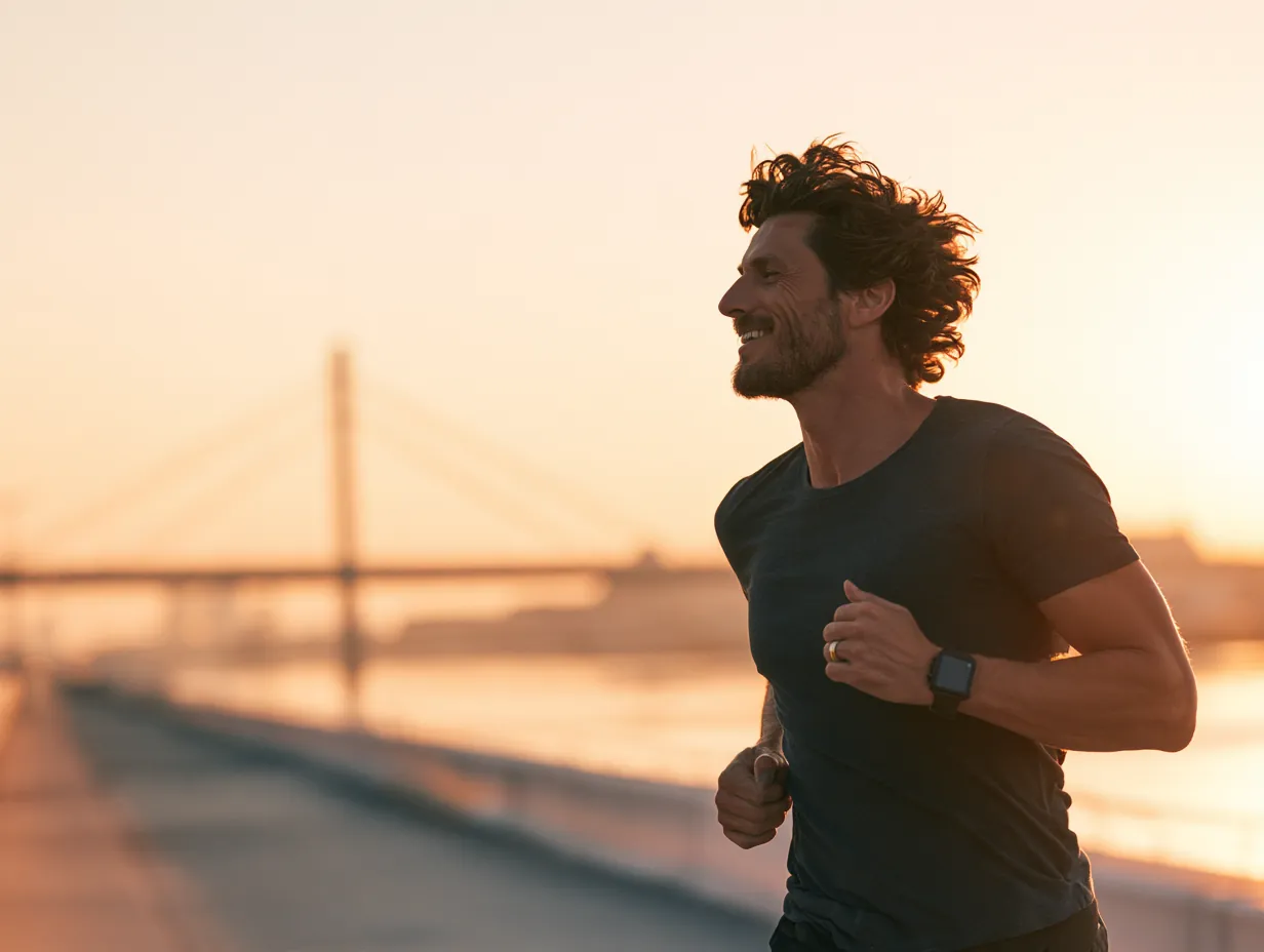 Man jogging on a riverside path at sunrise after consolidating card debt with stride loans