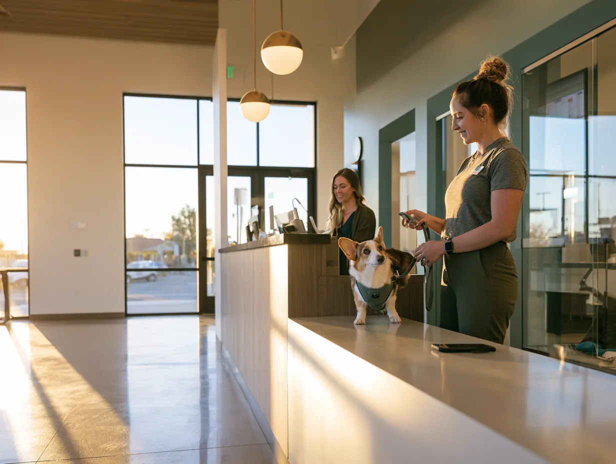 Woman checking in with her corgi at a veterinary clinic front desk
