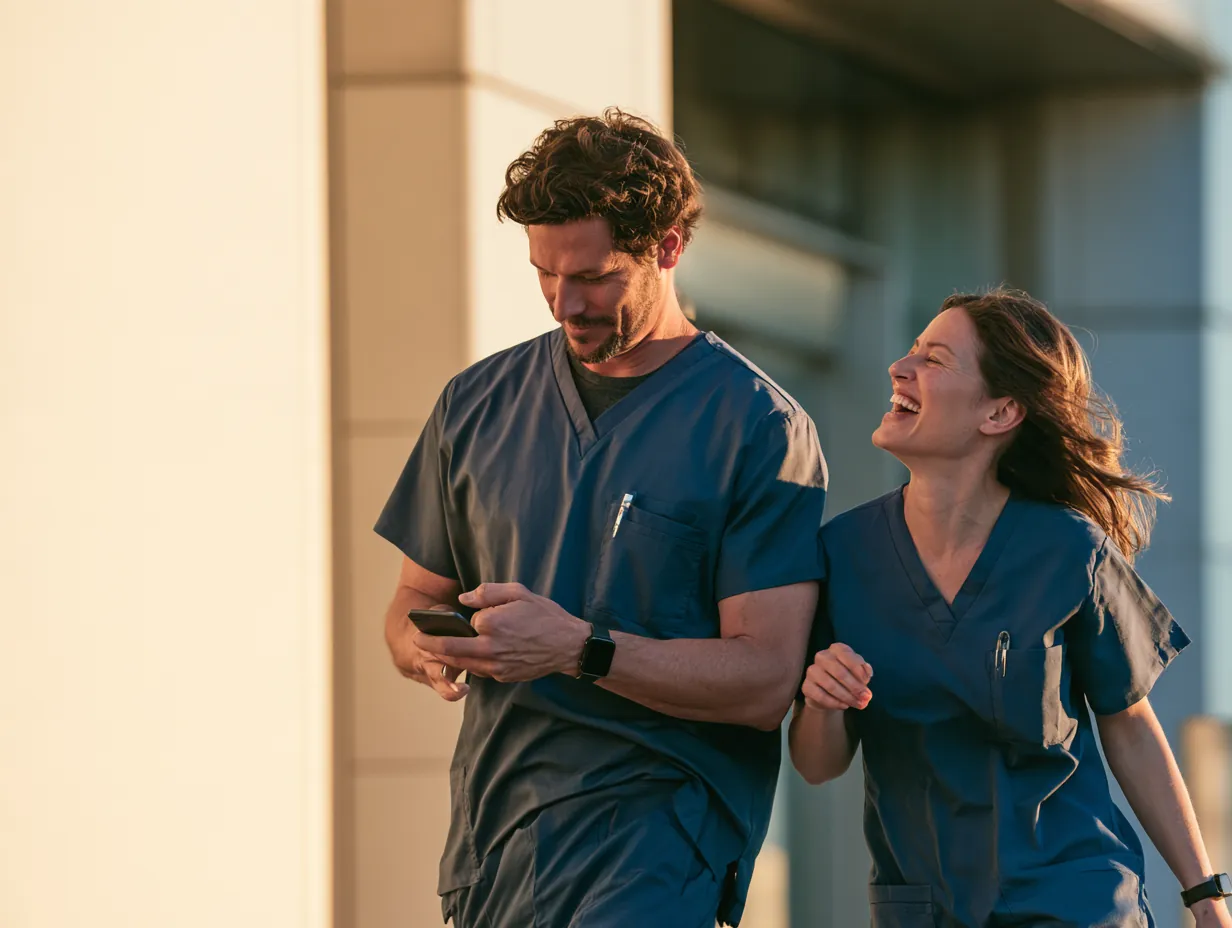 Two nurses leaving a hospital after a shift, checking how fast stride loans can fund