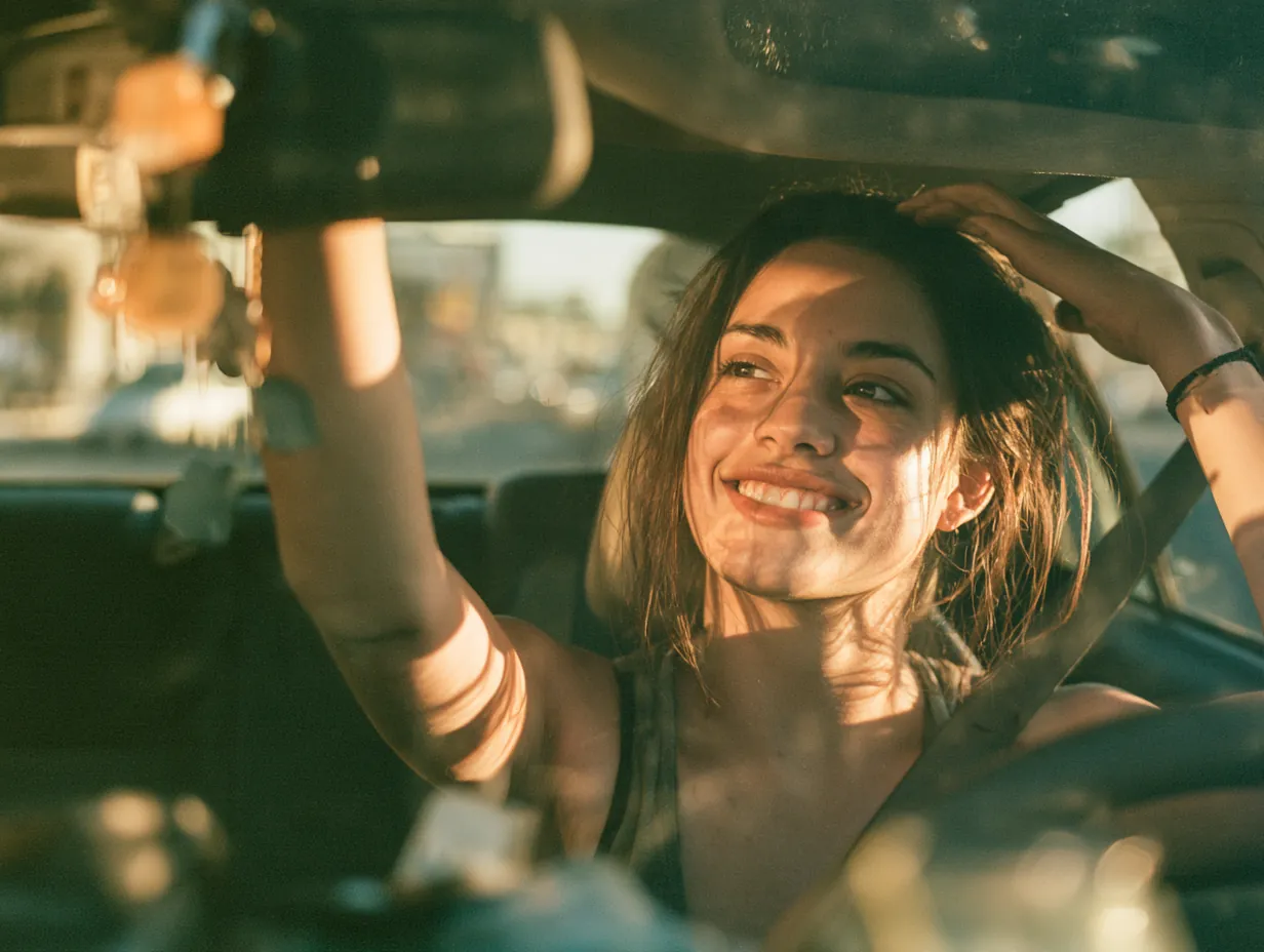 Woman adjusting the rearview mirror in her car