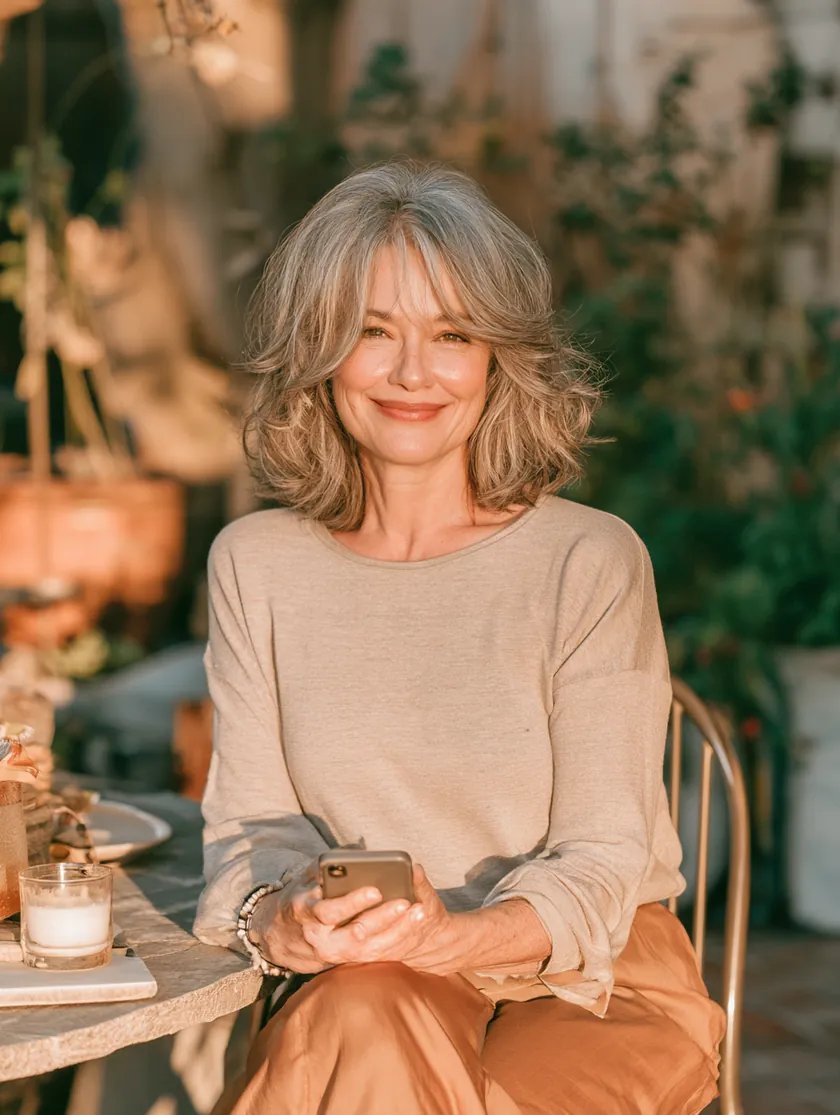 Woman on her patio smiling and holding a smartphone
