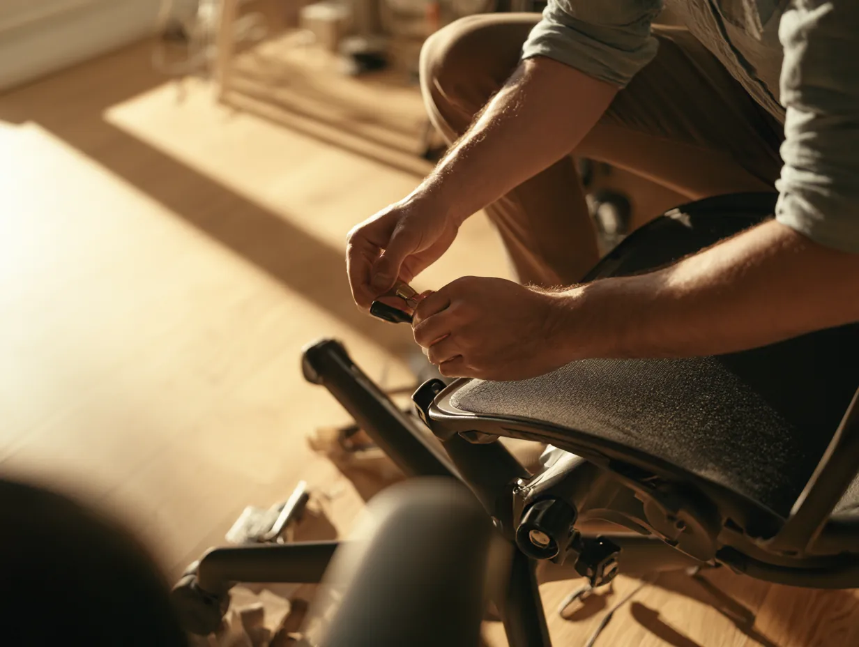 Hands assembling a new desk chair, a purchase paid off with fixed-payment stride loans