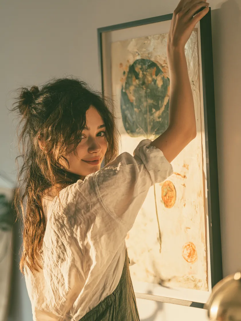 Woman hanging a framed print in her new apartment