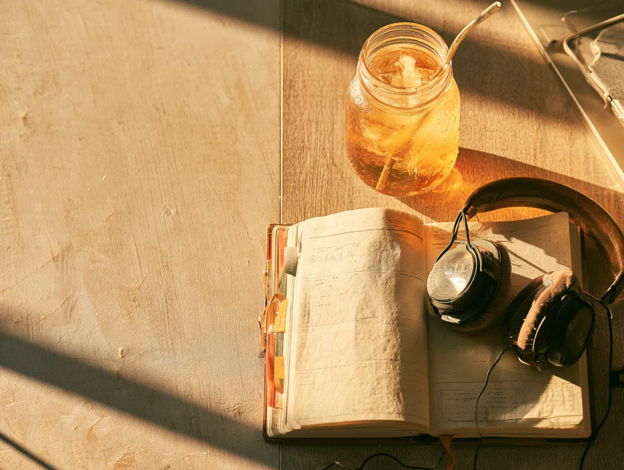 Paper planner, headphones and iced tea laid out on a wooden desk