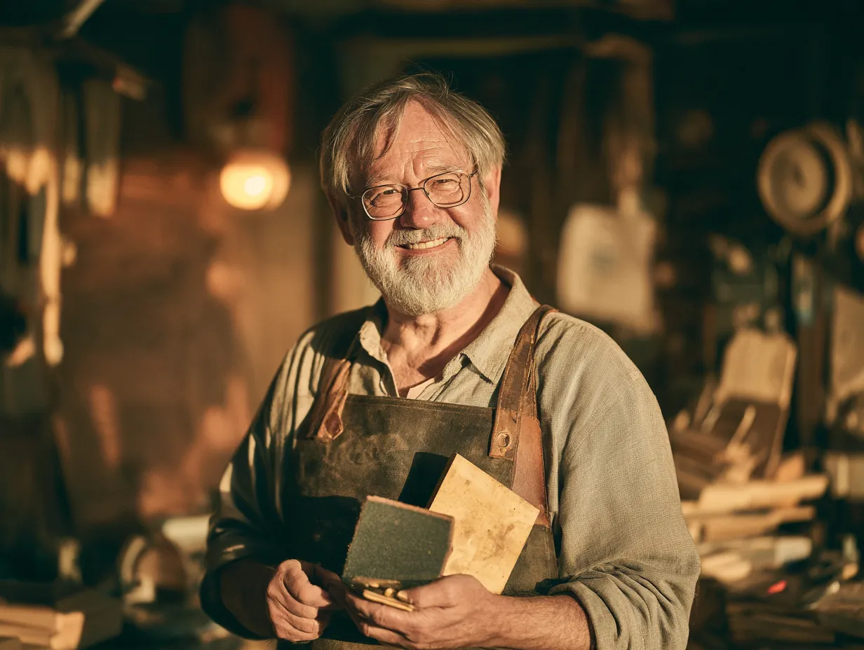Man in his home workshop smiling while holding a sanding block