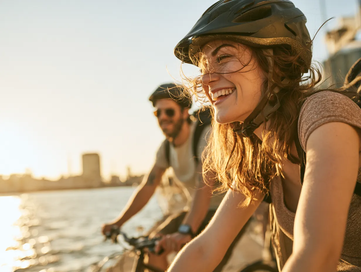 Couple cycling along a waterfront path after paying down card debt with stride loans