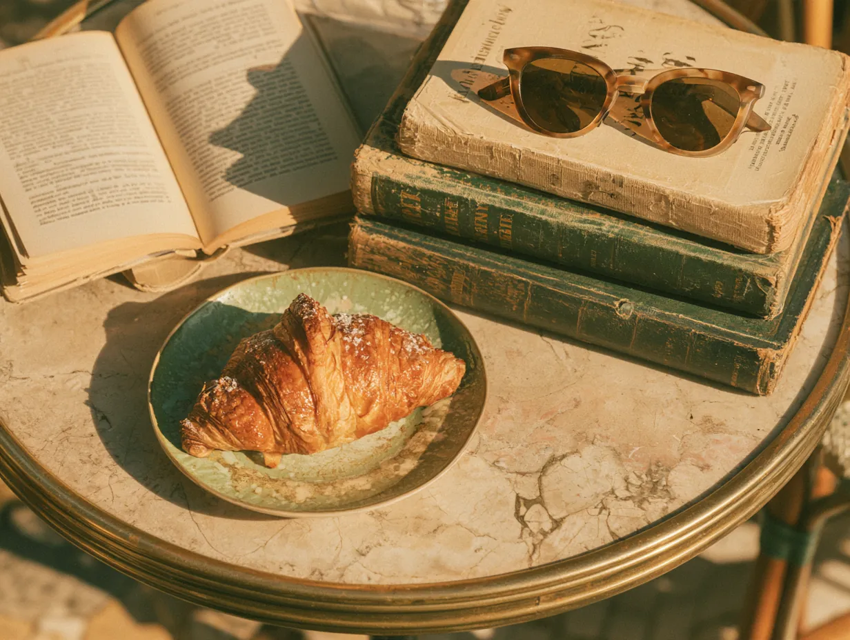 Library books, a croissant and sunglasses on a café table