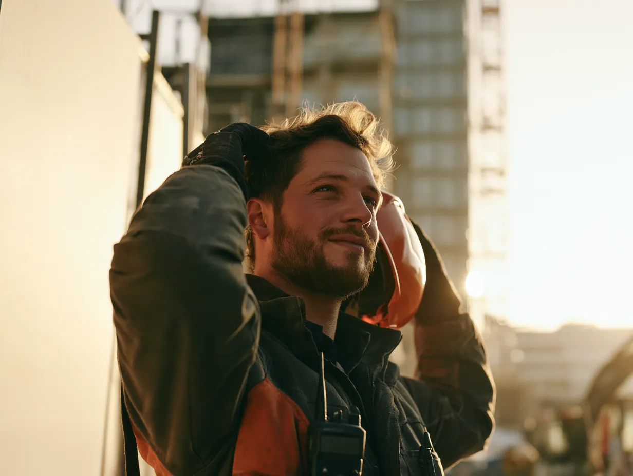 Construction worker taking off his hard hat after a shift, checking stride loans requirements