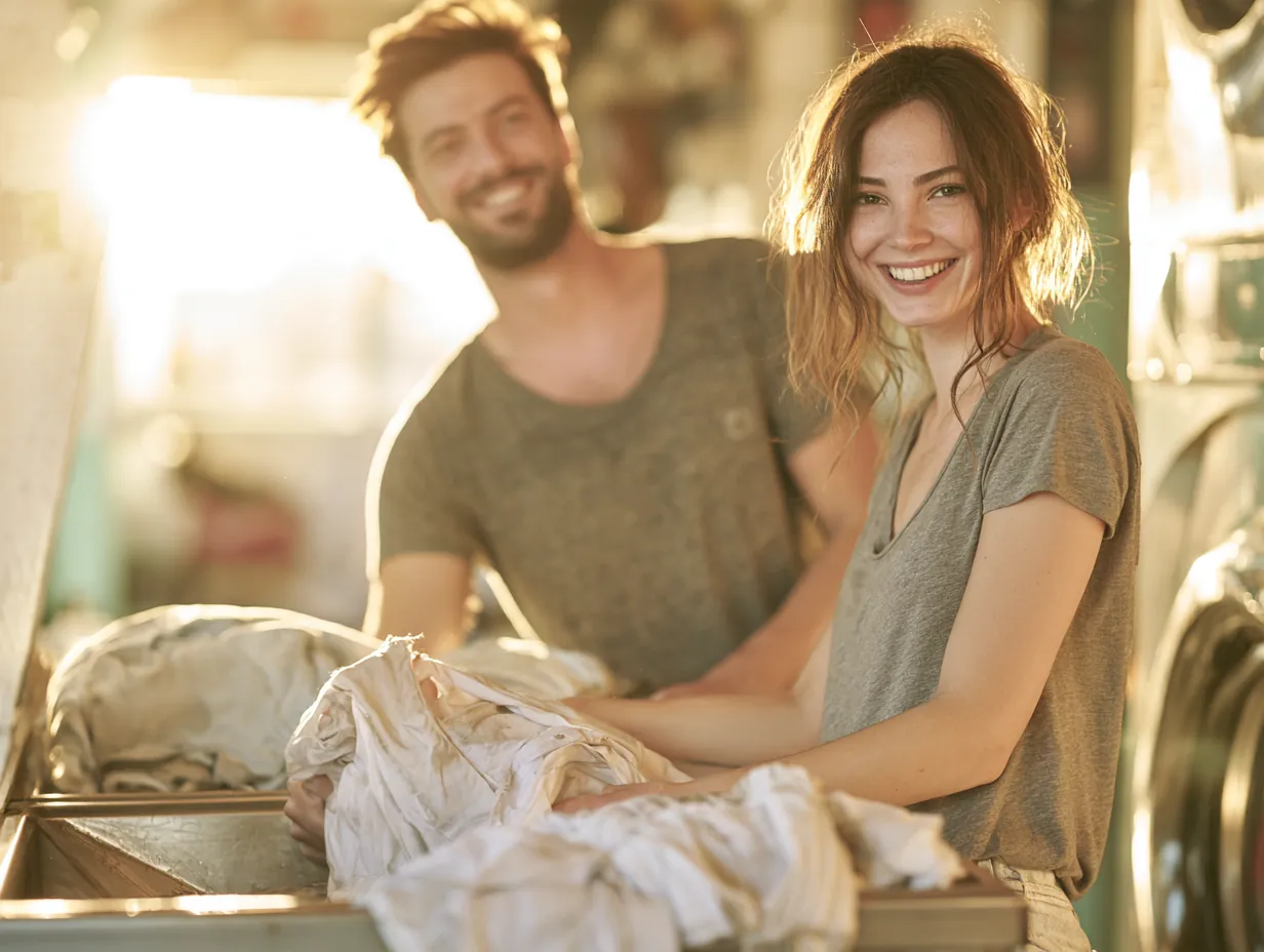Couple folding laundry together at a laundromat while reading stride loans FAQs