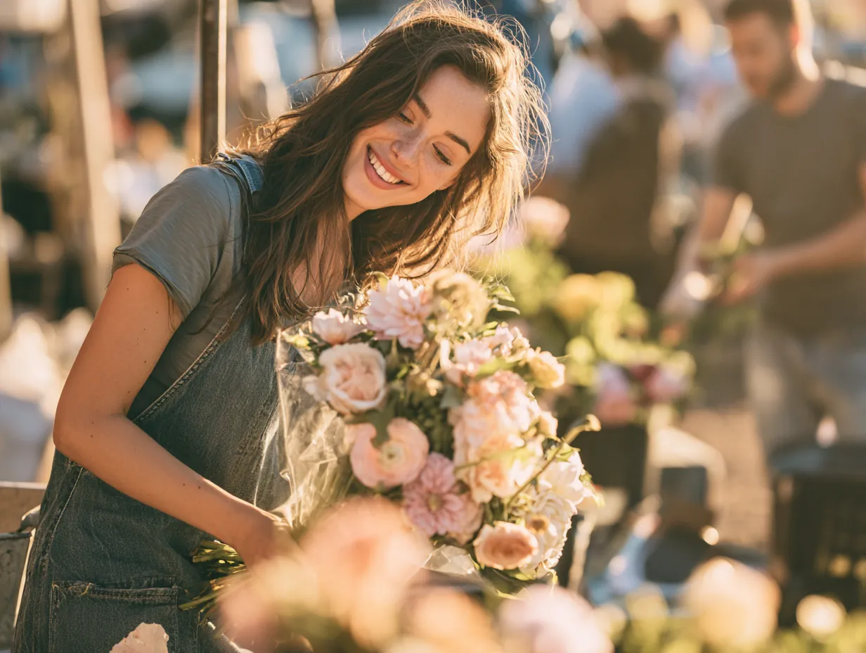 Florist bundling a bouquet for a customer at her new market stall