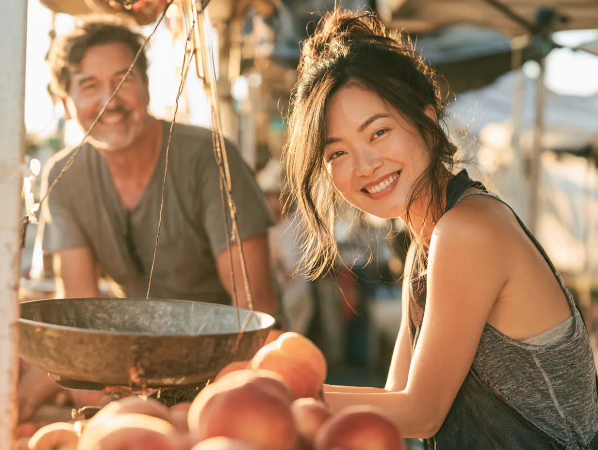 Woman weighing peaches at a farmers market stand, comparing prices the way you compare stride loans rates