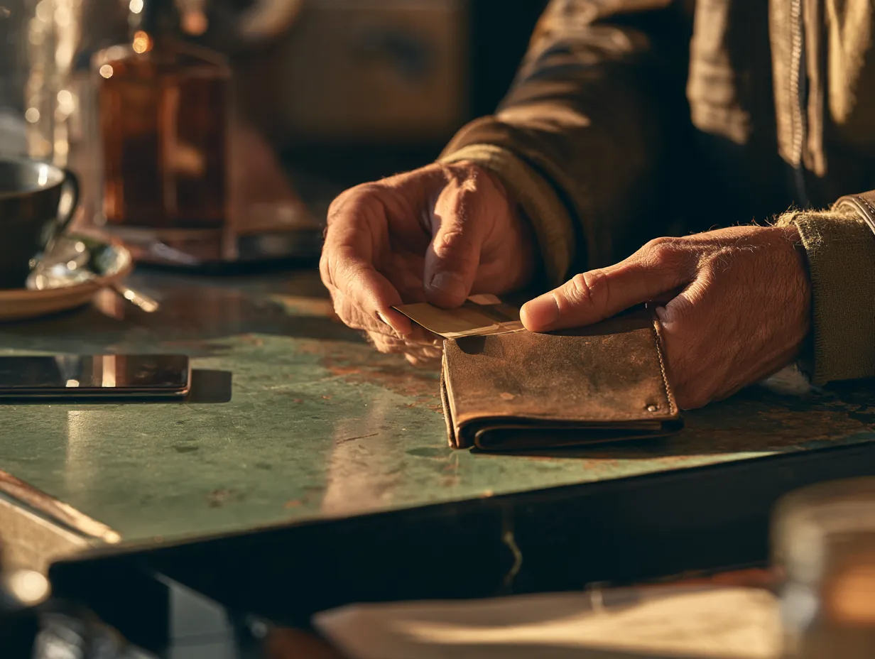 Hands sliding a card into a leather wallet while weighing stride loans against a credit card