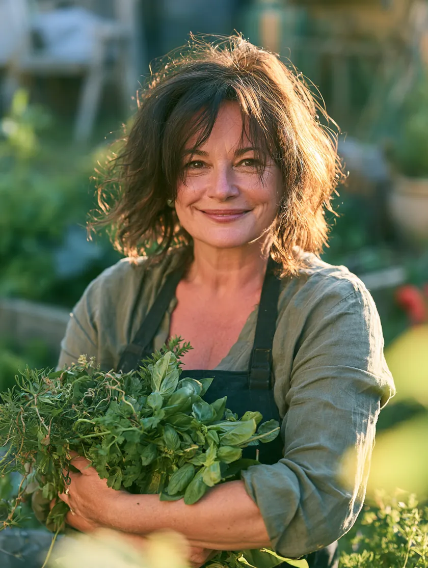 Woman gathering fresh herbs in her backyard garden
