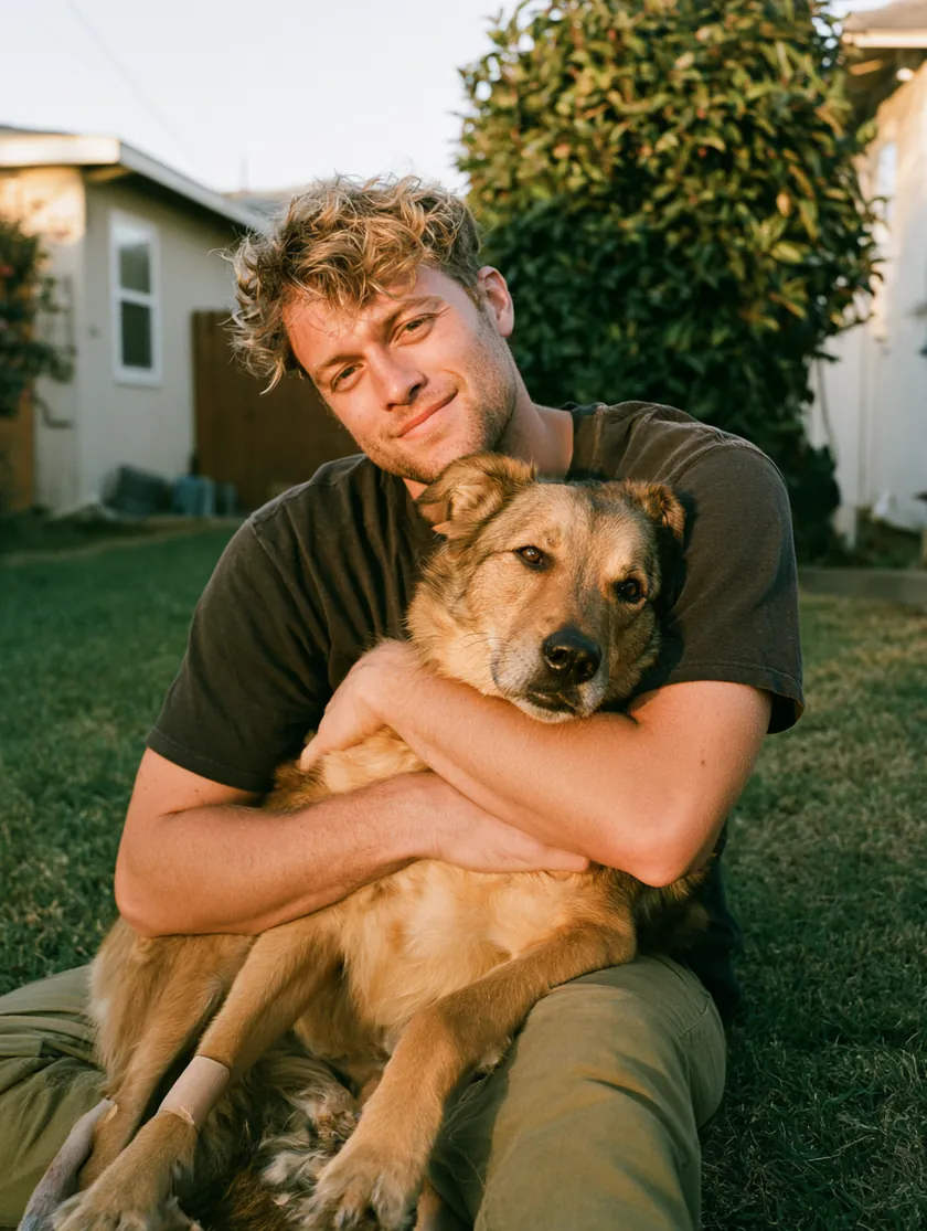 Man hugging his dog with a bandaged paw in the backyard