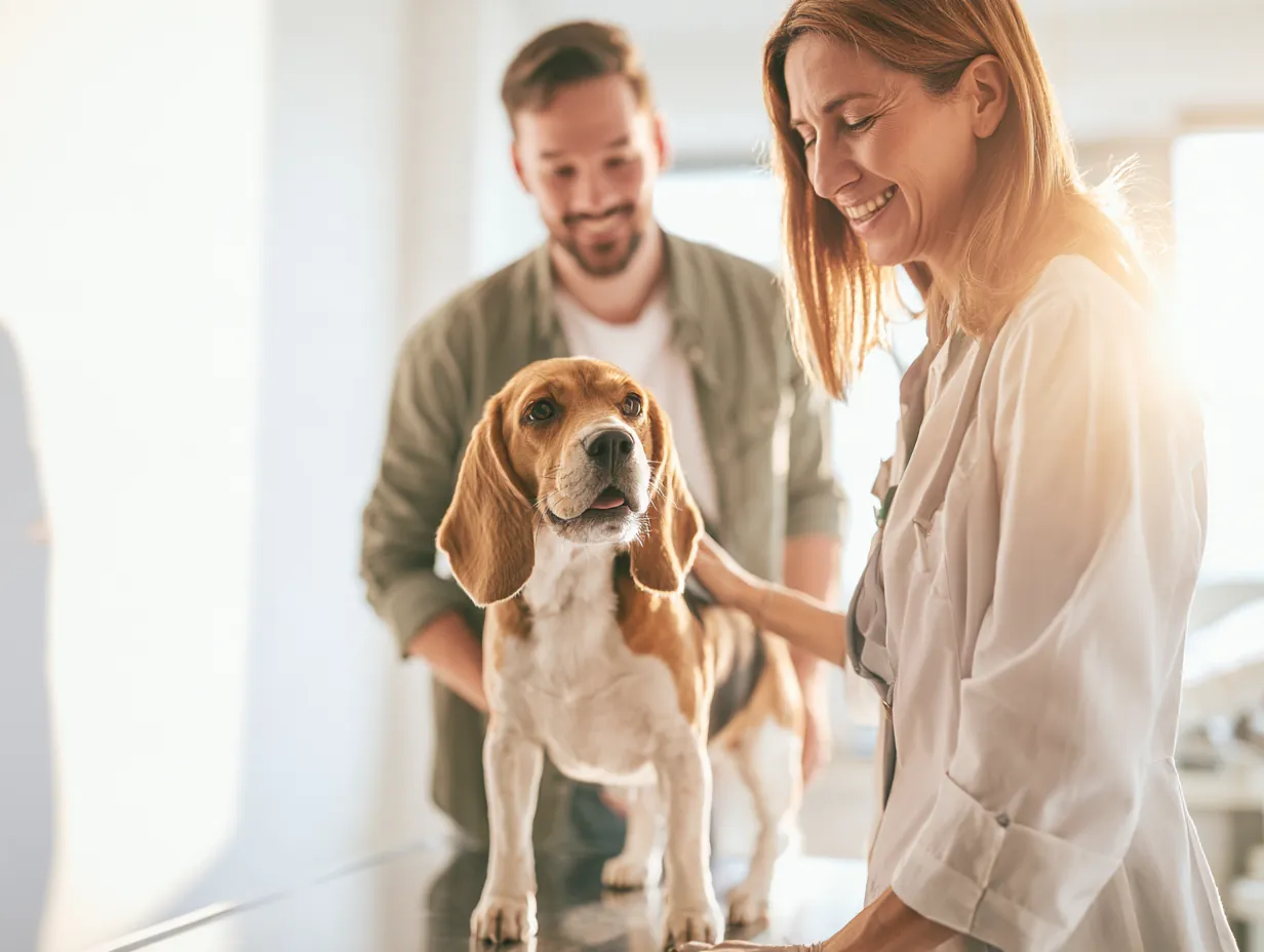 Veterinarian examining a beagle while its owner watches, a vet bill stride loans can cover