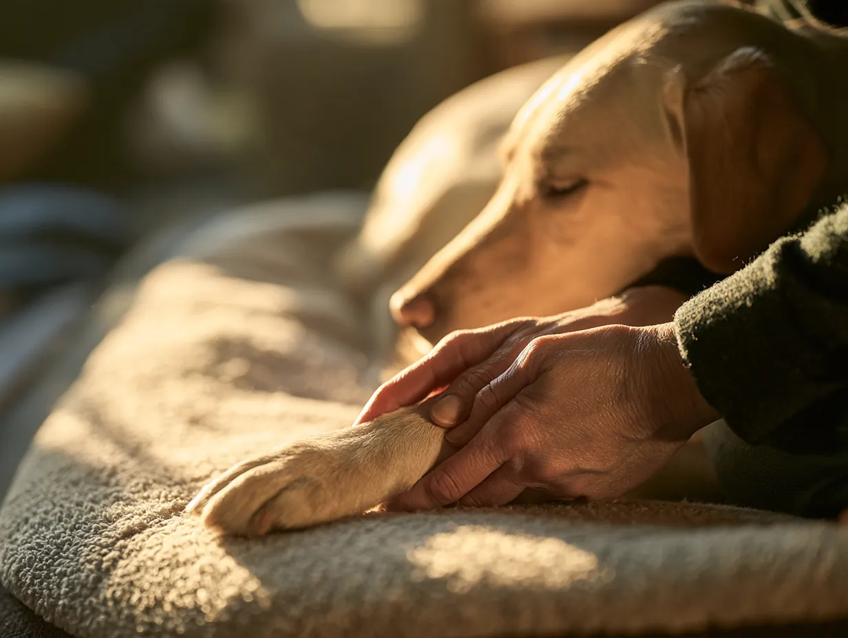 Hands gently holding the paw of a labrador resting on a dog bed