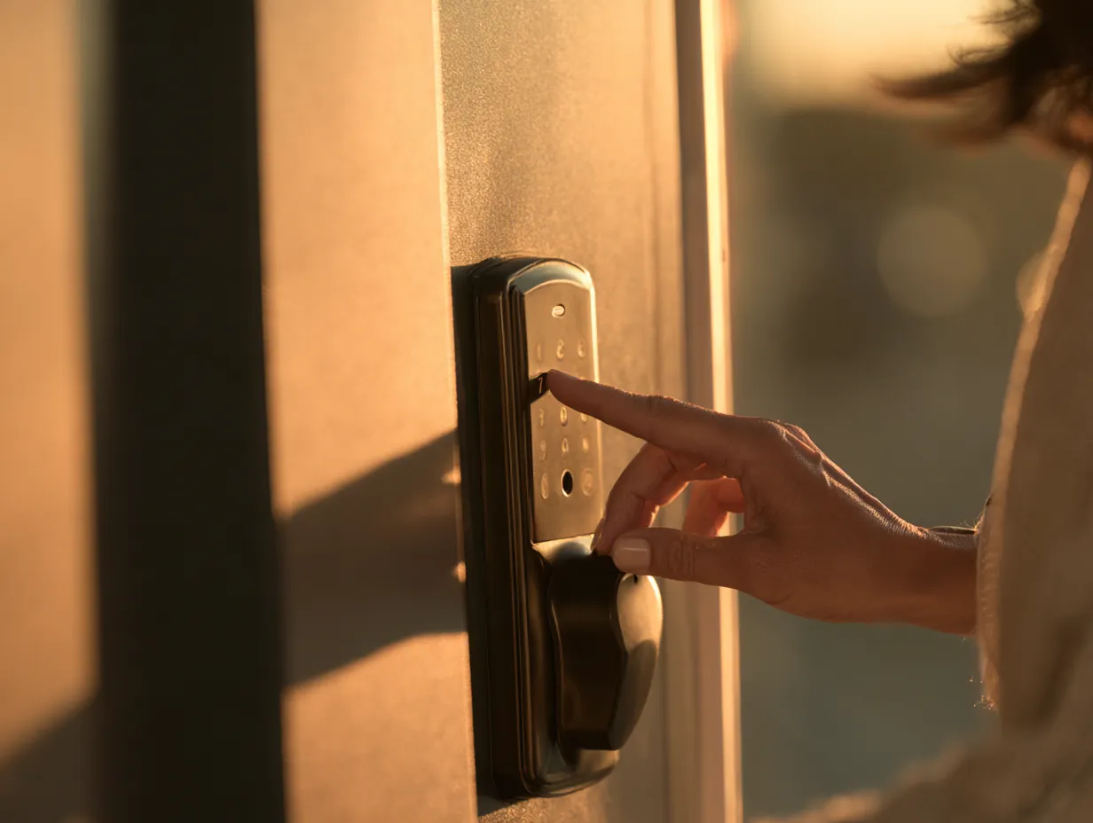 Hand pressing the keypad of a smart lock on a front door