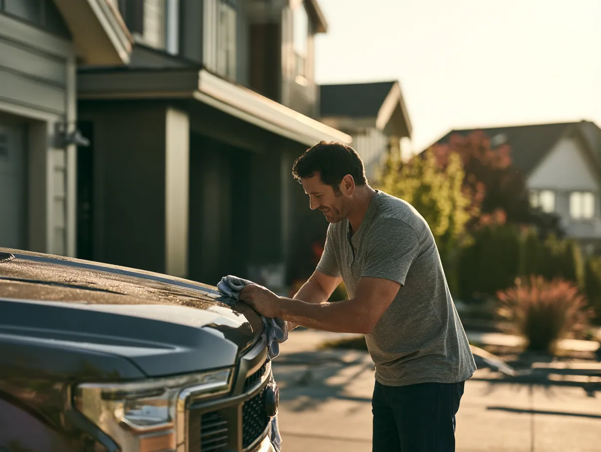 Man polishing the hood of his pickup truck in the driveway