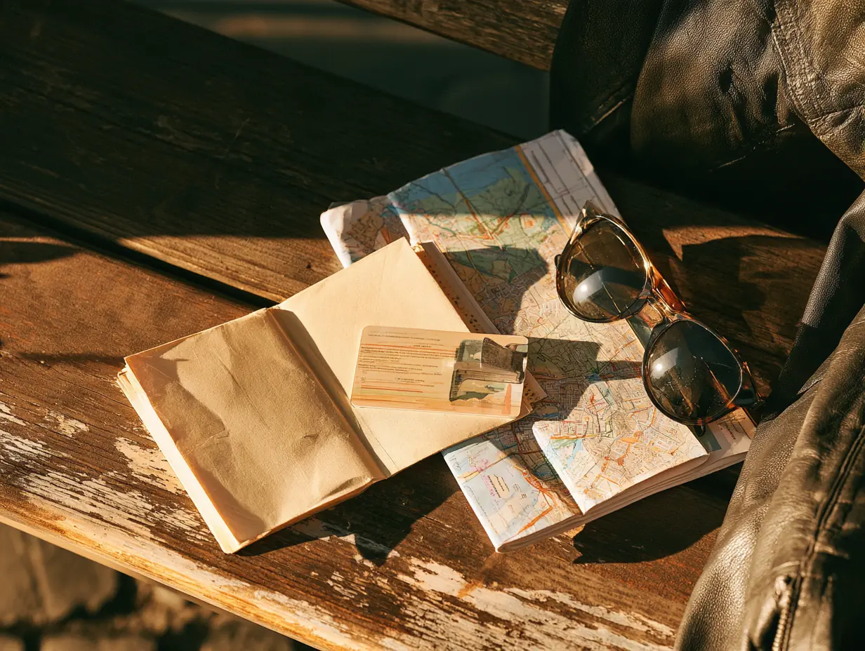 Folded city map, transit card and sunglasses on a wooden bench