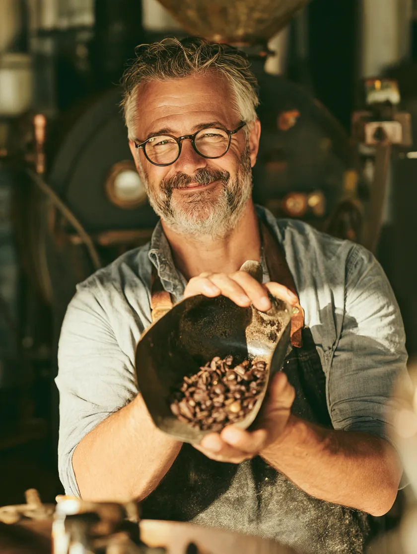 Coffee roastery owner holding a scoop of freshly roasted beans