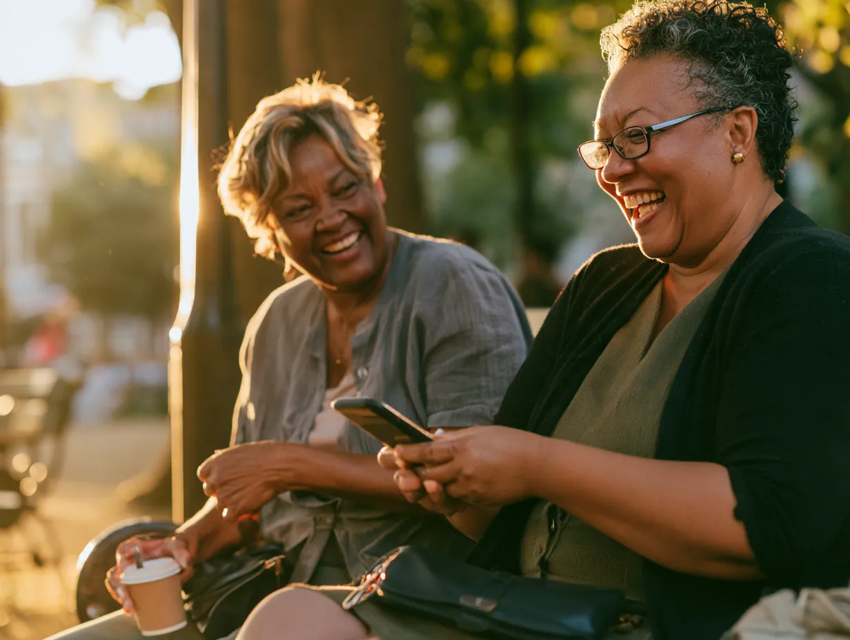 Two friends laughing on a park bench while talking about stride loans reviews
