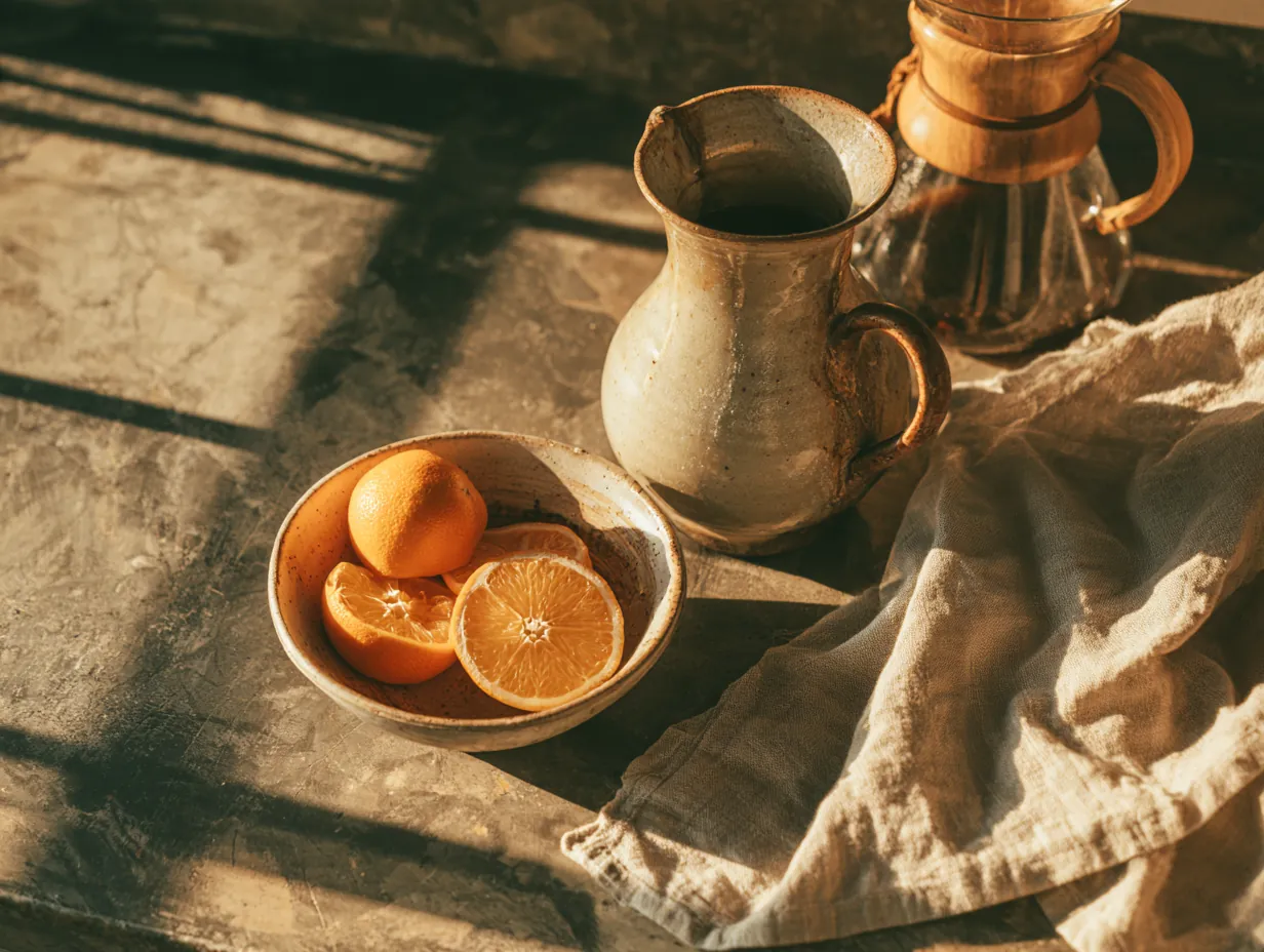 Pour-over coffee set and a bowl of oranges on a kitchen counter